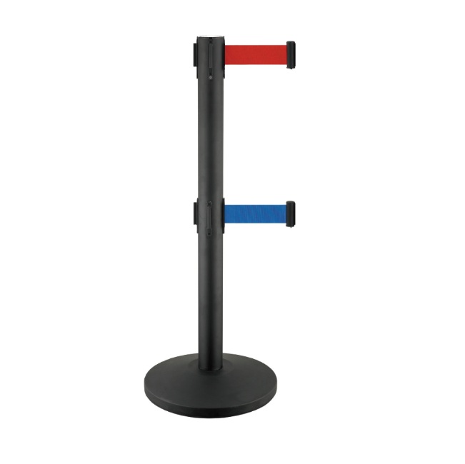 Black Finish Double Slow Retracting Belt Post Barrier Stanchion Queue Control Stand for Airport